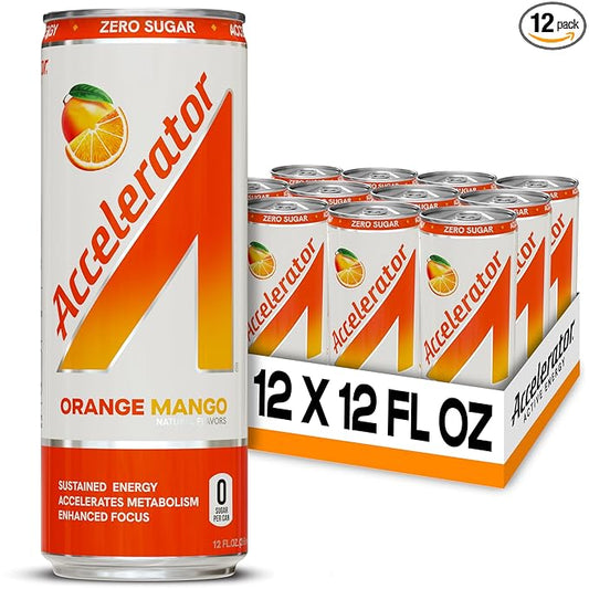 Accelerator Energy Drink Sugar Free, Orange Mango 12oz can(12 pack)Zero Sugar Energy Drinks with Sustained Energy from 100% Natural Caffeine (200mg) & Green Tea extract
