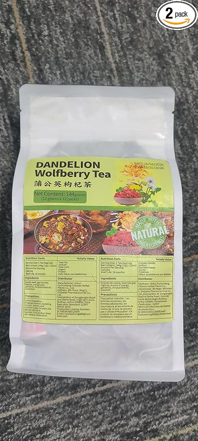 Dandelion Wolfberry Tea Bags, Natural Kidneys & Liver Health Tea with Dandelion, Chrysanthemum, Wolfberry, Cassia Seed, Licorice, Orange Peel, Gardenia, Dandelion Root Tea Organic(2 Pack/24 Bags)
