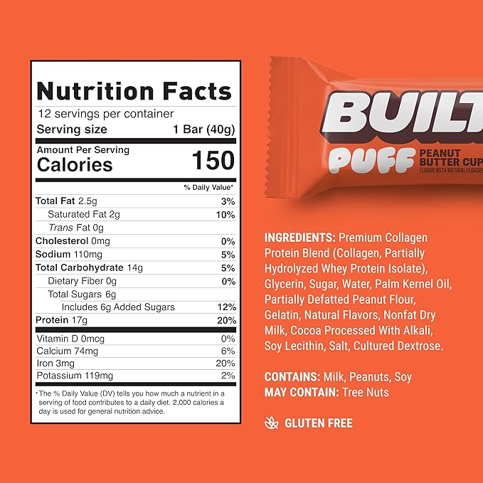 BUILT Bar, Puff Protein Snack Bars, Peanut Butter Cup, On-The-Go Bars, 17g Protein, Only 150 Calories, 6g Sugar, Plus Collagen, Gluten Free, 12 Count