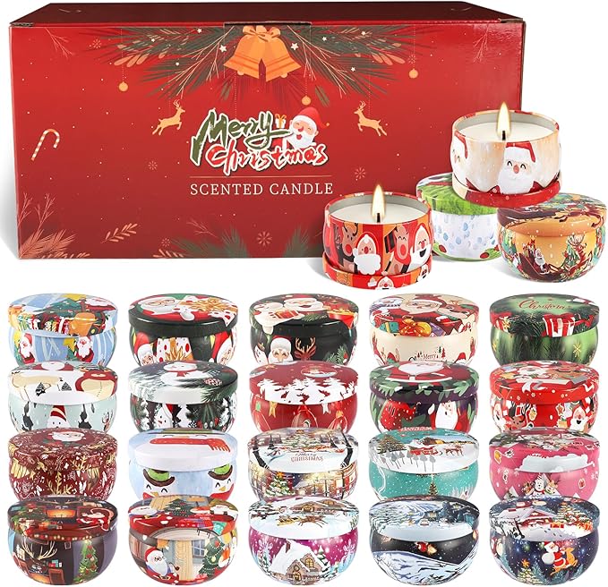 24Pack Christmas Scented Candle Tins Gift Set - Soy Wax Festive Aromatherapy Candles 2.5oz- Smokeless Long Lasting Burn time for Christmas Gifts Holiday Decor & Gifting.