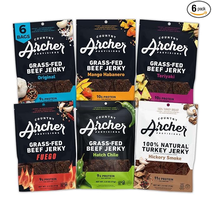 Country Archer Grass-Fed Beef Jerky Variety Pack- Beef Jerky Snack Packs, Beef Jerky Assortment, Jerky Sampler, Original, Mango Habanero, Teriyaki, Fuego, Hatch Chile, Turkey Jerky- 2.5 oz (Pack of 6)