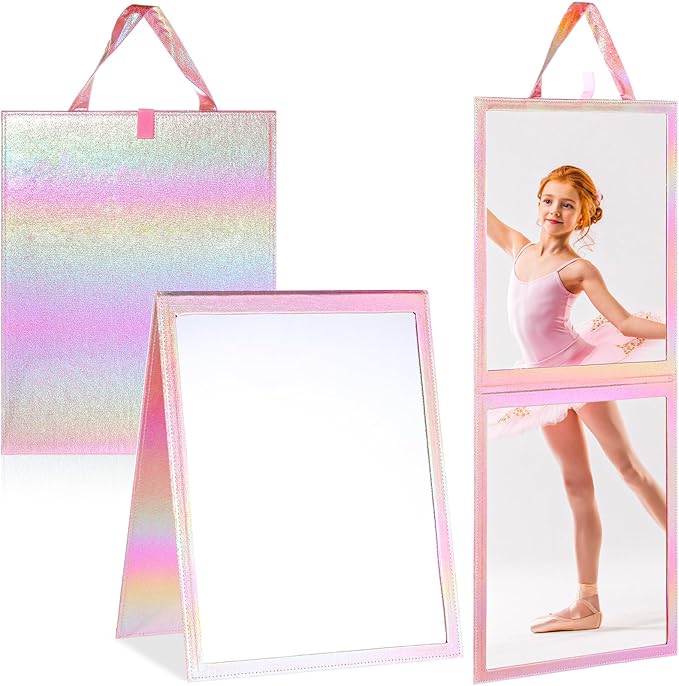 Chunful Foldable Backstage Mirror with Handle Holographic 33.5 X 13.4 Inch Folding Hanging Mirror Rectangular for Travel Dance Bag Home Fitness Spa Gift for Dancers(Pink)