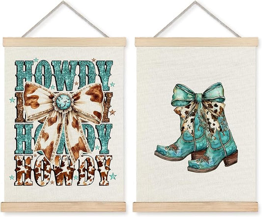 Exqcom Coquette Western Bow Howdy Wall Art Poster, Cowgirl Room Decor, Trendy Turquoise Cowboy Boots Posters for Girls Room Dorm Apartment, 12x16 Inches Set of 2