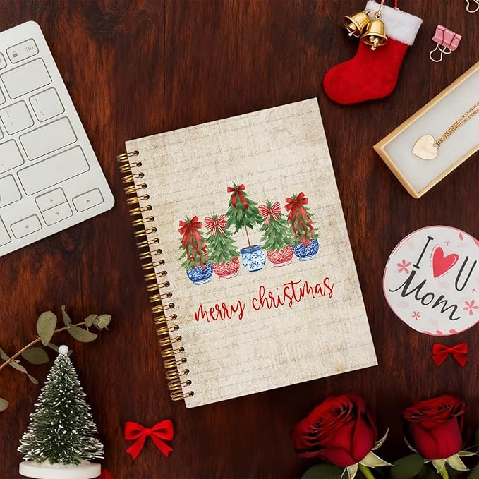 Exqcom Red and Blue Chinoiserie Christmas Tree Spiral Notebook Gifts, Grandmillennial Christmas Retro Journal for Women, Preppy Red Bow Hardcover Notebook Journal Office School Supplies, 5.5x8.3 Inch