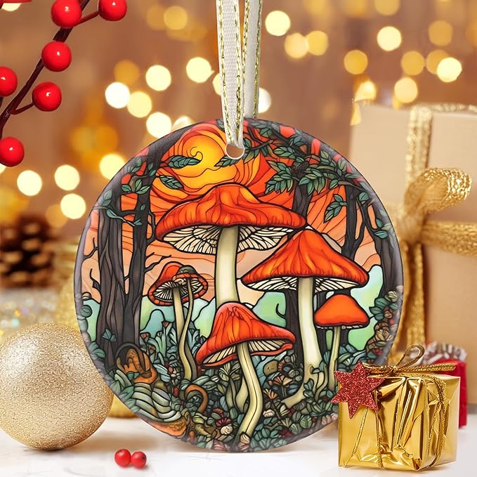 Ceramic Mushroom Christmas Ornament, 3.5 Inch Hanging Decor for Tree, Gift Exchange Present