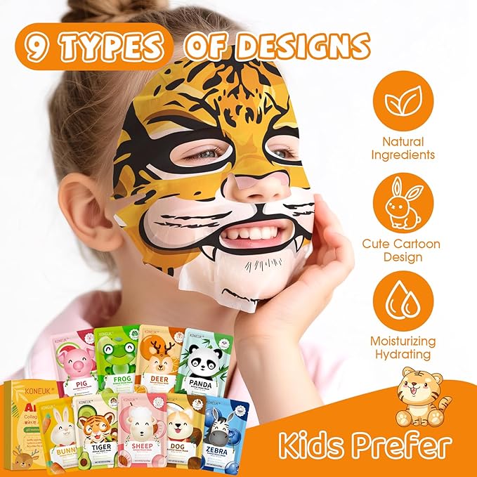 9 Pack Animal Face Masks Skincare for Kids, Bulk Sheet Hydrating Face Mask for Kids Skin Care, Collagen Face Mask for Teens Women, Christmas Gifts, Spa Party Gifts for Teen Girls