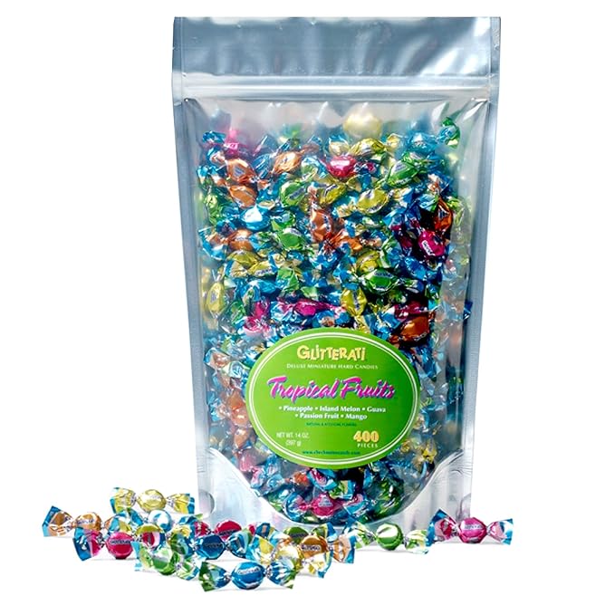 GLITTERATI Tropical Fruits Italian Mini Hard Candies, Individually Wrapped Gourmet Candy Assortment, Exotic Tropical Fruit Flavors, Vegan, Gluten Free, Non GMO, 14 oz Resealable Pouch, 400 Ct.