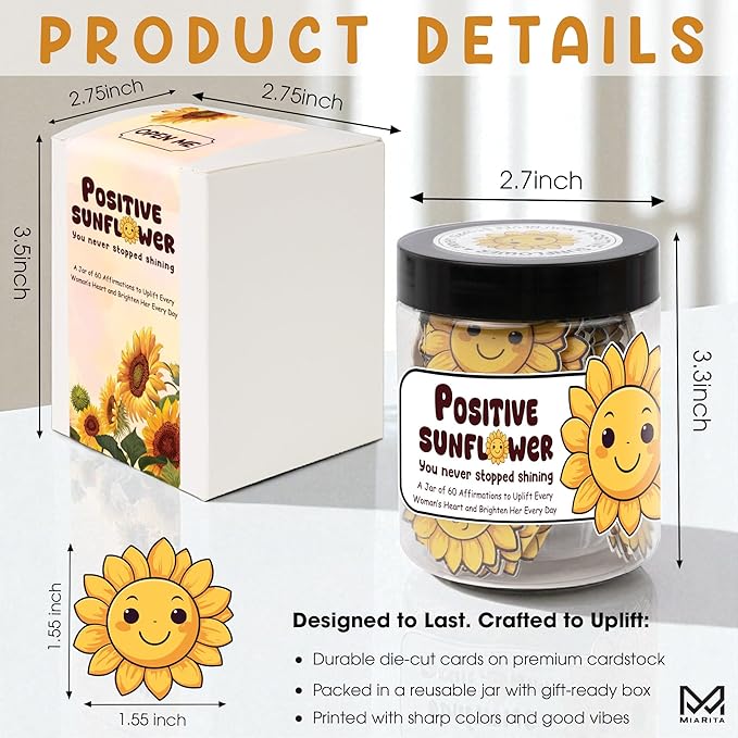 Positive Sunflower Jar, 60 Affirmation Cards for Women, Spiritual Gifts for Women, Wife, Mom, Friends, Sunflower Gift, Inspirational Gifts for Coworker, Boss, White Elephant Gift Ideas