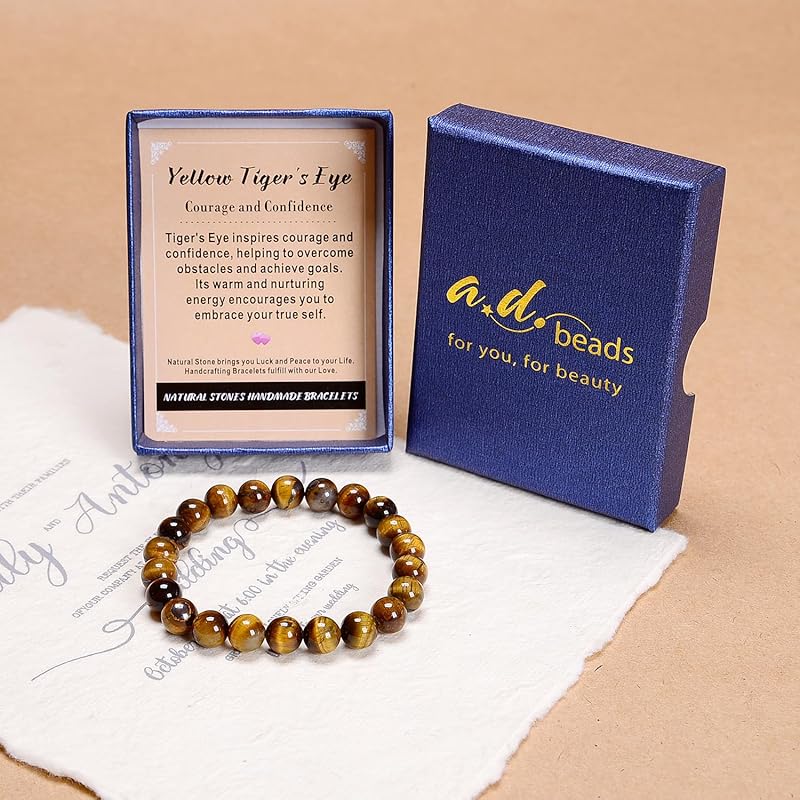 AD Beads Handmade Gemstone Stretch Elastic Bracelet Crystal Healing Reiki Nature's Beauty and Spiritual Essence Unisex (4mm, Yellow Tiger's Eye)