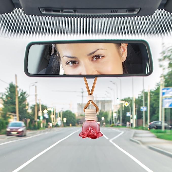 6Pcs Flower Car Air Freshener Diffuser, Hanging Rose Perfume Bottle Refillable Essential Oil Pendant for Auto & Home Decor (Red)