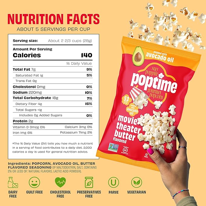 Poptime Movie Theater Butter Popcorn Snack Bags – Gourmet Flavored Popcorn Bags, Healthy Snack With Heart-Healthy Avocado Oil, Gluten Free, Vegan, Low Calorie, Non-GMO, Kosher - 4.75 oz - Pack 12