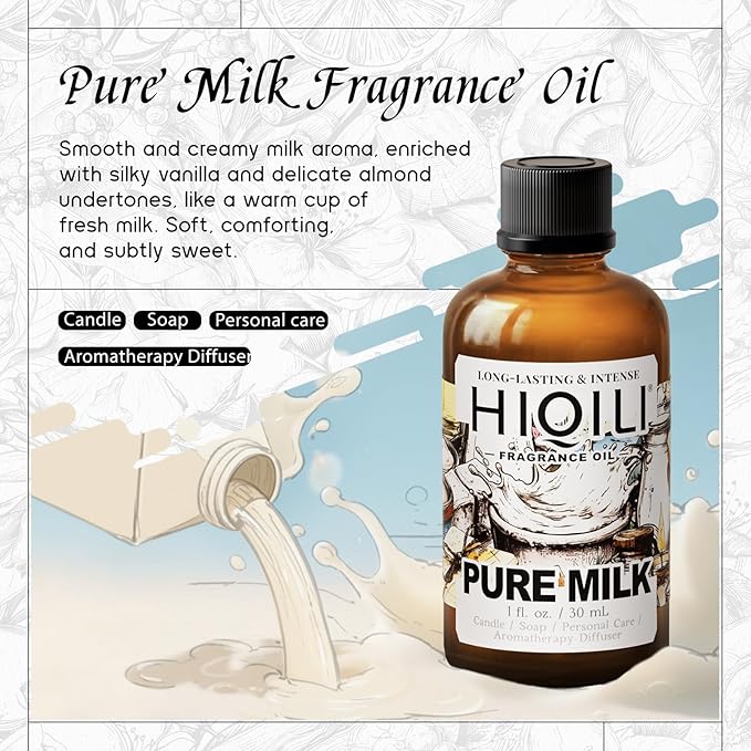 HIQILI Pure Milk Fragrance Oil for Home Diffuser, Ideal for Making Soap, Candles, Sugar Scrub, Skin & Body, Pet Safe - 1 Fl Oz