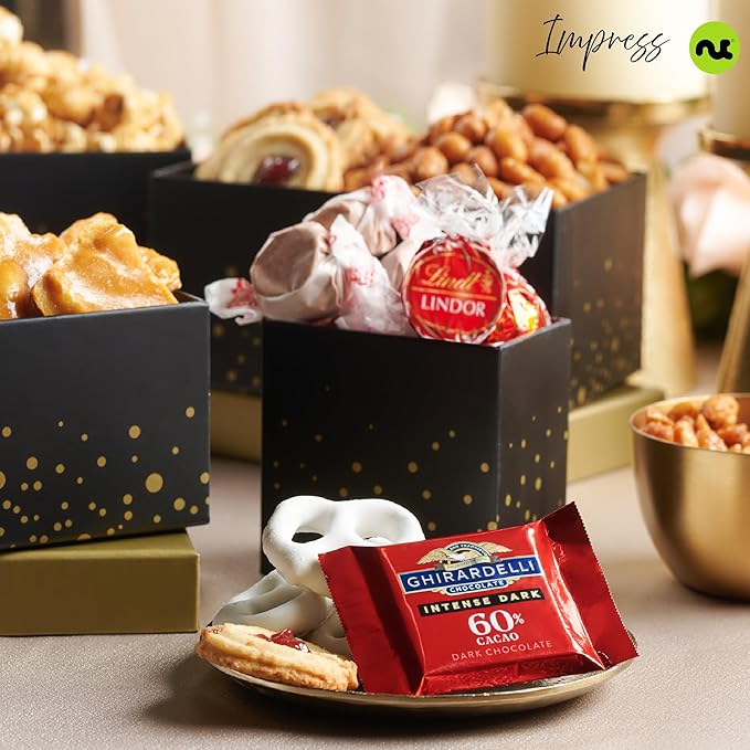 NUT CRAVINGS - Diwali Sweets Hamper Chocolate Covered Pretzels & Caramel Popcorn Gift Basket, in Black Tower + Ribbon (8 Assortments) Food Arrangement Healthy Snack Care Package
