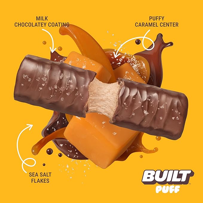 Built Bar, Puff Protein Bars, Salted Caramel Puff, 17g Protein Snacks, On-The-Go Bars, Only 140 Calories, 6g Sugar, Collagen, Gluten Free, 12 Count