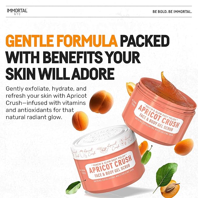 Immortal NYC Apricot Crush Face & Body Scrub Mask Gel- Moisturizing and Exfoliating Body, Face, Hand, Foot Scrub - Fights Acne, Fine Lines & Wrinkles, Great Gifts For Women & Men - 10 oz