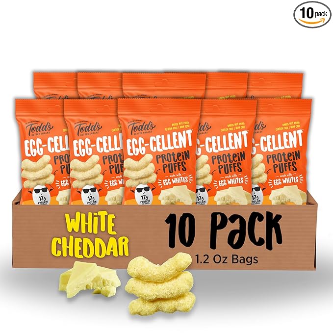 Todd's Better Snacks Egg-Cellent Protein Puffs, White Cheddar – 12g Protein, Gluten-Free, Paleo-Friendly, Baked, GLP-1 Compliant – Healthy Snack, Made with Egg Whites – 1.2 Oz (Pack of 10)