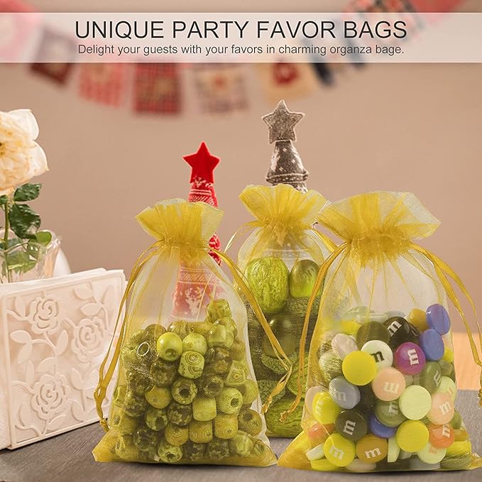 ANZNKU 100 Pack Organza Bags 5 x 7 Inch, Premium Gold Favor Bags With Drawstring, Sheer Mesh Gift Packaging for Wedding Party