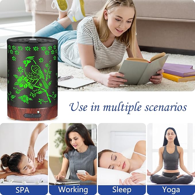 Essential Oil Diffuser- Aromatherapy Diffuser with7 Colors Light, and Auto-Off -Metal Cool Mist Humidifier for Home and Office（Red Bird）…