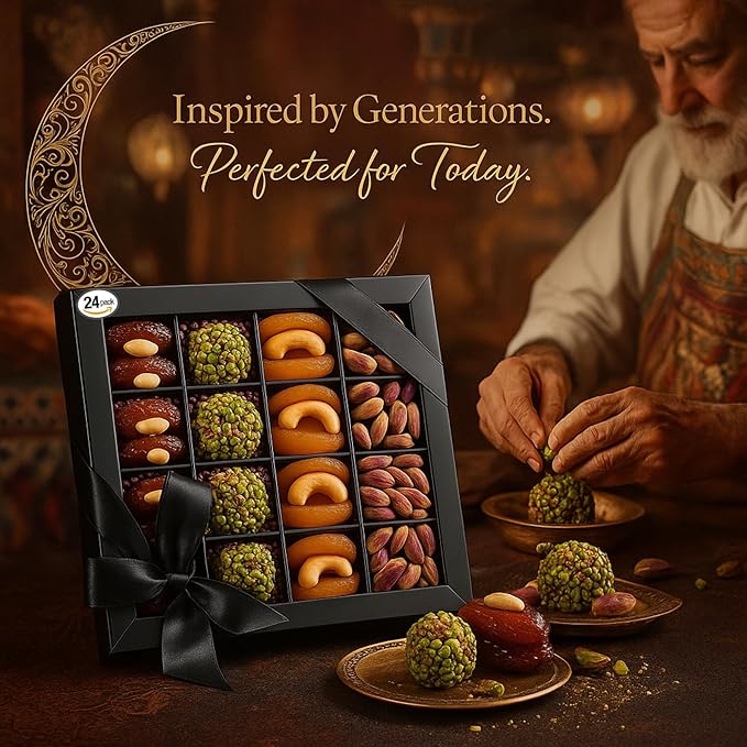 Andy Anand Chocolatier Gluten Free All Natural Truffles & Stuffed Dates Gift Box – Deliciously Healthy Embracing Nature's Goodness Perfect as Eid al Fitr Gift, Fresh flown from Turkey (24 Pcs 10.5 Oz)