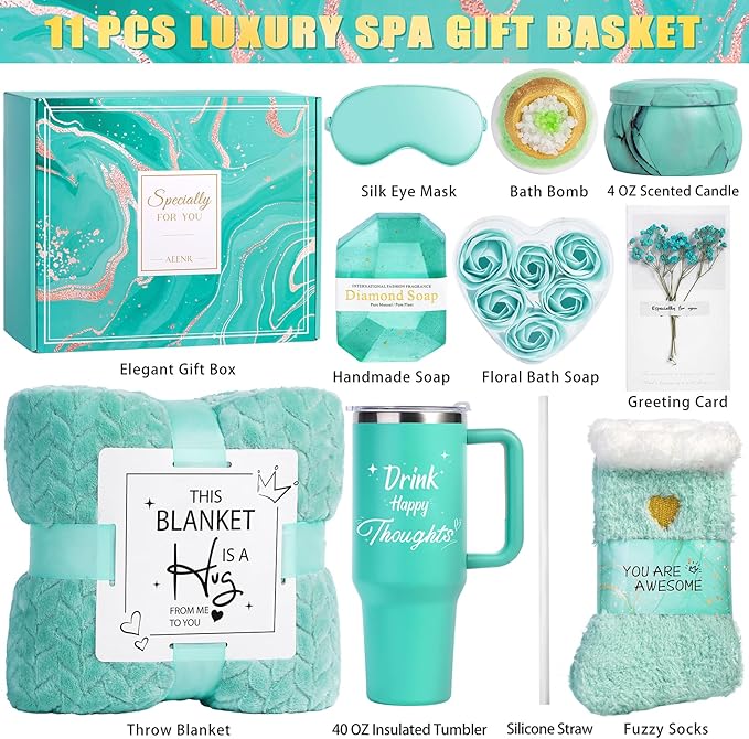 Birthday Gifts for Women, Self Care Get Well Soon Gift Baskets, Mothers Day Happy Birthday Gifts for Mom Her Friends Sister Wife Girlfriend, Ocean Relaxing Spa Care Package w/Blanket 40 OZ Tumbler