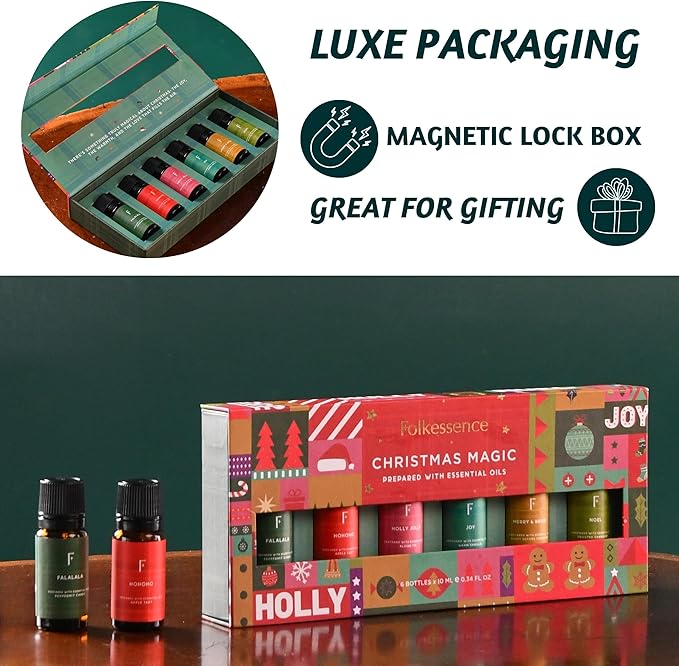 Folkulture Christmas Fragrance Oils for Diffuser as Gifts | Set of 6 Christmas Essential Oils Set for Diffusers for Home | Peppermint, Candy, Apple Tart, Cranberry, Vanilla (Christmas Magic)