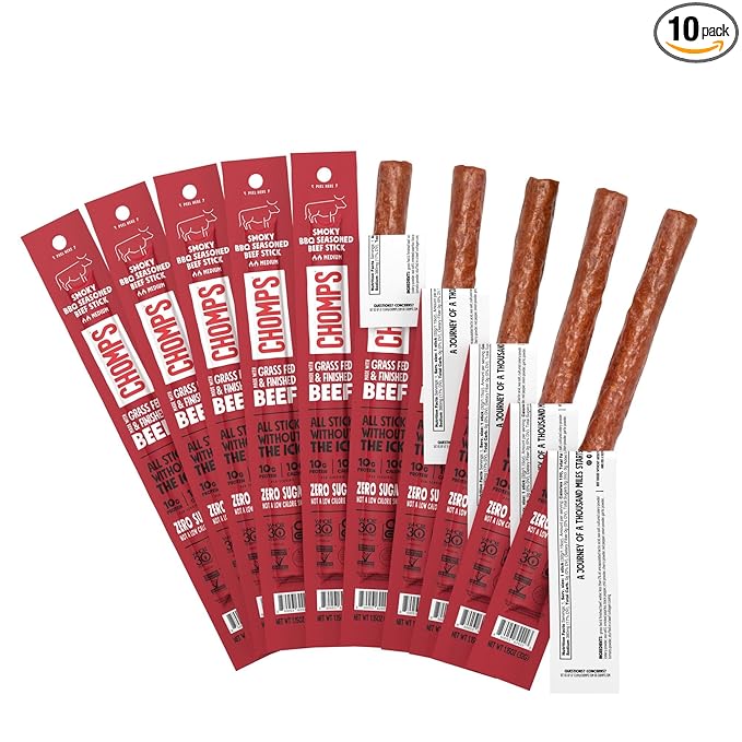 Chomps Grass-Fed and Finished Smoky BBQ Beef Jerky Snack Sticks 10-Pack - Keto, Paleo, Whole30, 10g Lean Meat Protein, Gluten-Free, Zero Sugar Food, Non-GMO