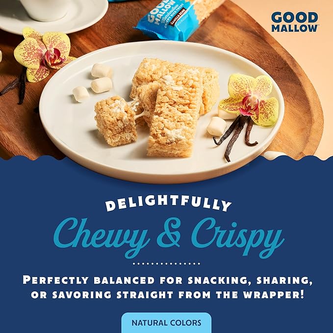 GoodMallow Vegan Rice Crispy Treats Individually Wrapped Box of 8, Kosher Vegan Snacks, Gluten Free Dairy Free Snacks for Kids & Adults - Healthy Sweets Made with Gourmet Marshmallows (Vanilla Bean)