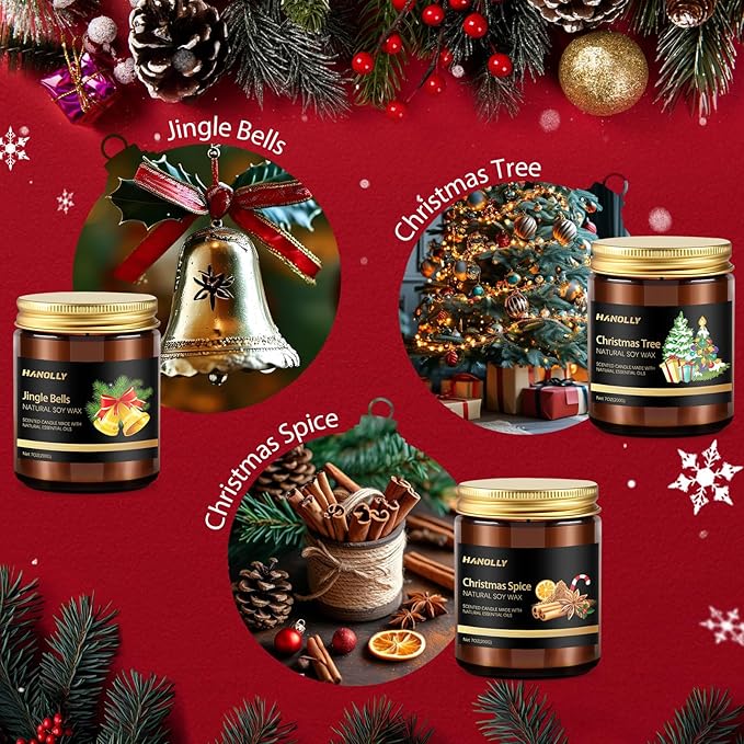 Christmas Scented Candles Set, 6 Pack Winter Scented Candles for Home, Holiday Gifts for Women & Men, Soy Candles Scents of Christmas Tree, Spice, Wreath, Apple Cinnamon, Chocolate Orange, Jingle Bell