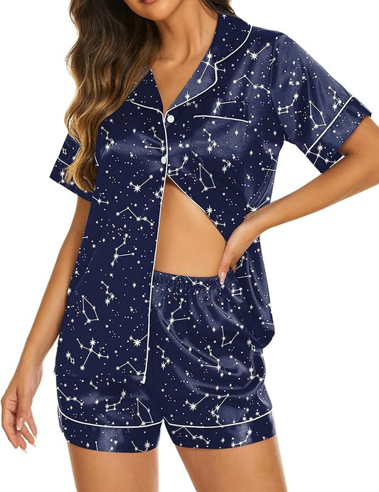 Ekouaer Silk Pajamas for Women Short Sleeve Sleepwear Soft Button Down Loungewear 2 Piece Satin Pjs Shorts Set S-XXL
