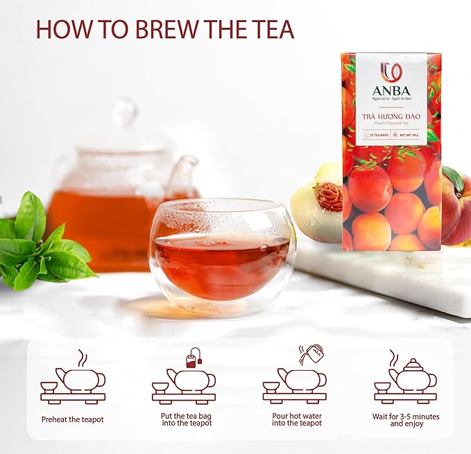 ANBA Black Tea Bags Rich Peach Flavor, 25 Count | Bold & Fruity Taste | Smooth & Aromatic | Naturally Sweet & Caffeine-Rich | ISO HACCP Certified