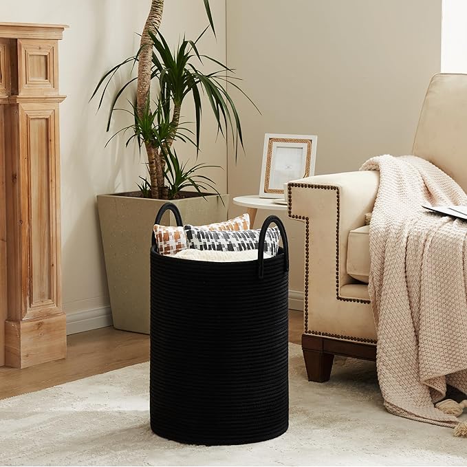 Cotton Rope Laundry Hamper by YOUDENOVA, 58L - Woven Collapsible Laundry Basket - Clothes Storage Basket for Blankets, Laundry Room Organizing, Bedroom Storage, Clothes Hamper – Black