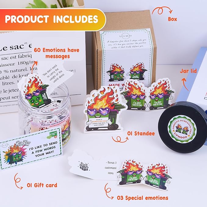 Positive Dumpster Fire Jar – Funny Desk Accessory with 60 Daily Affirmations for Self Care & Mindfulness, Emotional Support Dumpster Fire Gift for Office Coworkers, Unique Zen Desk Decor