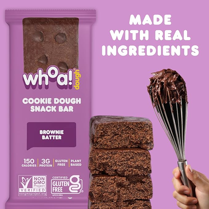 Whoa Dough Edible Cookie Dough Bars- Certified Non-GMO, Kosher and Gluten Free Bars - Healthy Snack Foods - Plant Based Snacks Made With Real Ingredients - Brownie Batter Cookie Dough - 4 Pack