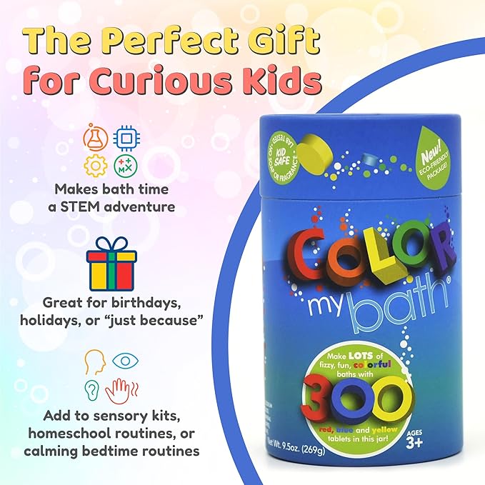 Color MyBath – Bath Color Tablets for Kids, 300 Count Jar – Color Changing, Non-Toxic, Non-Staining, Fragrance-Free – Mix Your Own Rainbow, Fun & Educational – Made in USA (1-Pack)