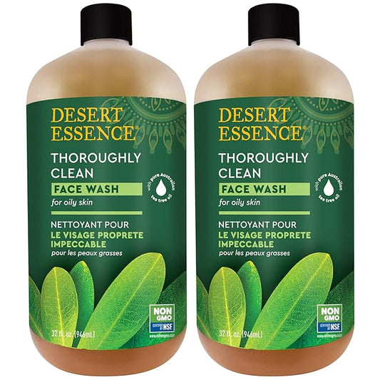 Desert Essence Thoroughly Clean Face Wash - Original - 32 Fl Oz - Pack of 2 -Tea Tree Oil -For Soft Radiant Skin - Gentle Cleanser - Extracts Of Goldenseal, Awapuhi, & Chamomile Essential Oils