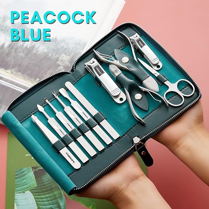 FAMILIFE Nail Kit, Professional Manicure Set Manicure Kit, 11 in 1 Stainless Steel Nail Clippers Set Pedicure Tools, Men Grooming Tool with Portable Blue Leather Travel Case Luxury Gifts for Him