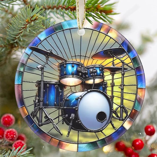 Christmas Ornament - Drum Set Decor Round Ceramic Hanging Ornament - Christmas Tree Decor - Gifts for Drum Players - Themed Ornaments