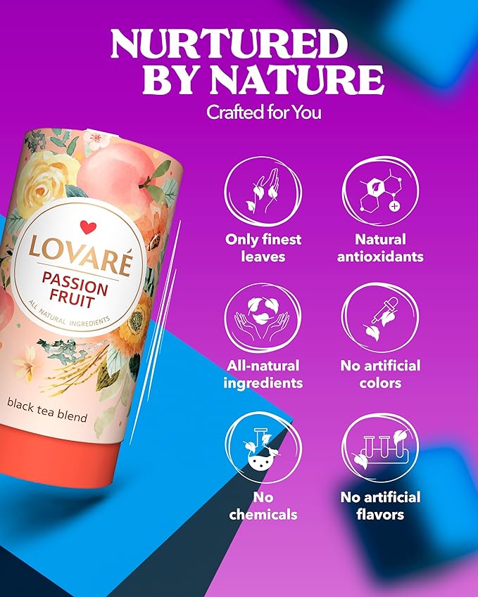LOVARE Passion Fruit Loose Leaf Tea 80 g - Made in Ukraine - Black Tea, Orange Peel, Rosebuds, Calendula Petals, Safflower Petals, Pineapple, Peach with 15 Paper Filters