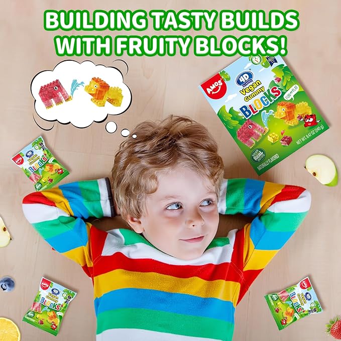 AMOS 4D Vegan Gummy Blocks Candy – Assorted Fruit Flavors, Made with Real Juice, Fun-to-Build Edible Blocks, Fat-Free, 8.47oz (240g)