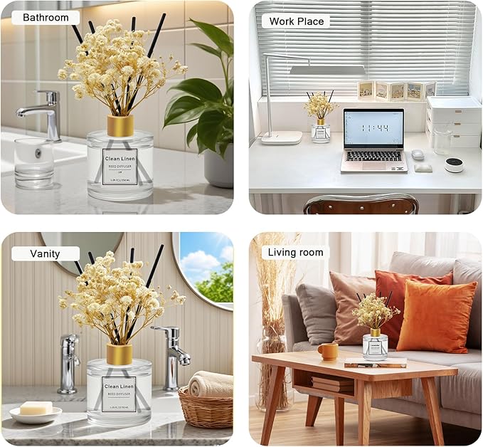 Reed Diffuser Set of 3 Pack,50ML Clean Linen Lemongrass Eucalyptus & Mint Scented Oil Diffuser with 5 Sticks,Home Fragrance Reed Diffuser for Bedroom Bathroom Office