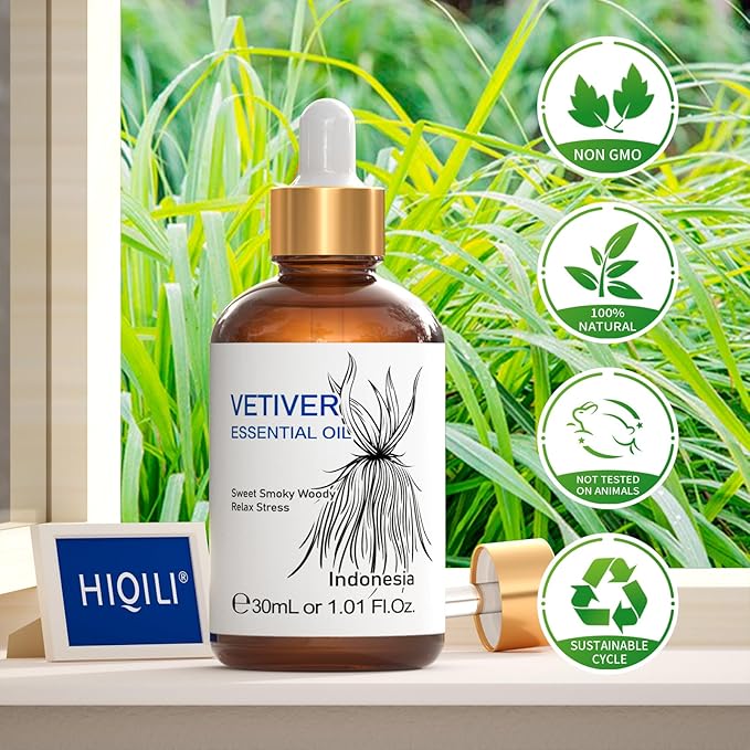 HIQILI 1 Fl Oz Vetiver Essential Oil, 100% Pure Natural for Skin, Candle Making - 30ml