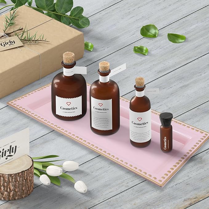 2 Pack Pink Bathroom Vanity Tray for Countertop with Beads, Small Plastic Toilet Tank Versatile Storage Organization Tray for Makeup, Perfume, Desk, Kitchen, Candles, 14"x7"x1", 36P