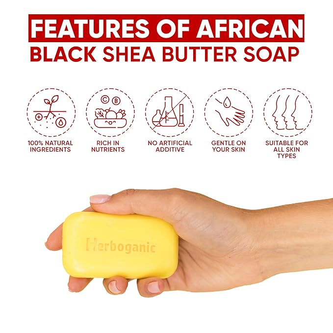 HERBOGANIC African black soap with Shea butter Herbal Soap | Pack of 6 of 5oz soap Bar | Ideal for Men and Women, Soothing and Nourishing Soap for Moisturization