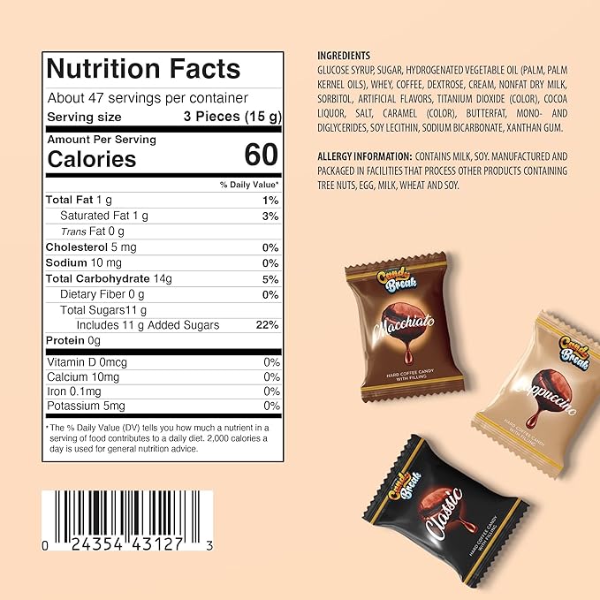 Candy Break Coffee Drops, Center Filled Hard Candy, Coffee Candy Individually Wrapped, Macchiato, Espresso, Cappuccino Flavored Candies, Caffeine Candies 24.7 Oz Bulk Bag, Variety Pack of 1