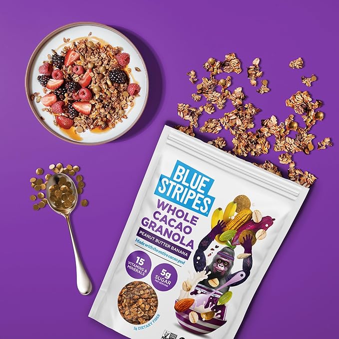 Blue Stripes Whole Cacao Granola - Gluten Free Dark Chocolate Granola for Cereal, Oatmeal, Yogurt, 5g Protein Per Serving, Source of Fiber, Vegan, Low Sugar - Peanut Butter Banana, 8 oz (3 Pack)