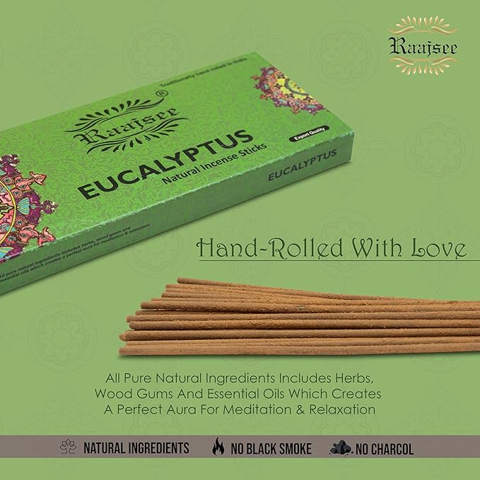 Raajsee Incense Sticks Eucalyptus 100 gm Pack-100% Pure Organic Natural Hand Rolled Free from Chemicals-Perfect for Church, Aromatherapy,Relaxation,Meditation,Positivity & Sensual Therapy