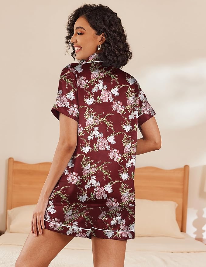 Ekouaer Silk Pajamas for Women Short Sleeve Sleepwear Soft Button Down Loungewear 2 Piece Satin Pjs Shorts Set S-XXL