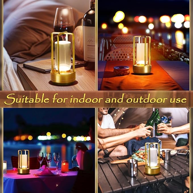 Crystal Lantern Light, Czgor Battery Operated Rechargeable Cordless Crystal Table Lantern Lamp with 3-Color, Portable Small LED Desk Lamp for Indoor/Outdoor Patio Camping Bedroom Bar Restaurant(Gold)