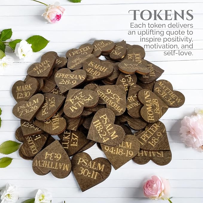 Biblical Affirmation Wood Cutouts | 72 Unique Laser Engraved Wood Hearts with Bible Verse Passages | Includes Desktop Affirmation Holder | Daily Religious Prayer Gift