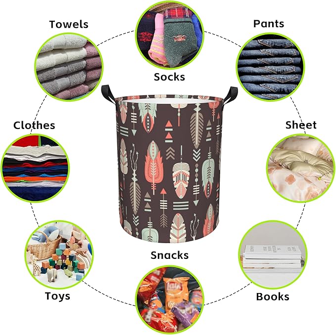 Aztec Feather Laundry Basket Foldable Laundry Hamper Waterproof Oxford Cloth Large Laundry Basket Clothes Storage Bucket Toy Organizer For Bathroom, Laundry, College 17.3 x16.5 Inch